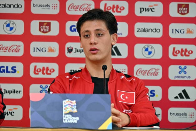 Turkiye Head Coach Montella and Arda Guler hold press conference, PK, Pressekonferenz ahead of Belgium match LIEGE, BELGIUM - OCTOBER 1: Turkiye national football team head coach Vincenzo Montella (not seen) and national player Arda Guler hold a joint press conference at the Maurice Dufrasne Stadium ahead of their UEFA Nations League League A Group 1 match against Belgium in Liege, Belgium on October 1, 2026. Dursun Aydemir Anadolu Liege Belgium. Editorial use only. Please get in touch for any other usage.  Copyright: x2026xAnadoluxDursunxAydemirx