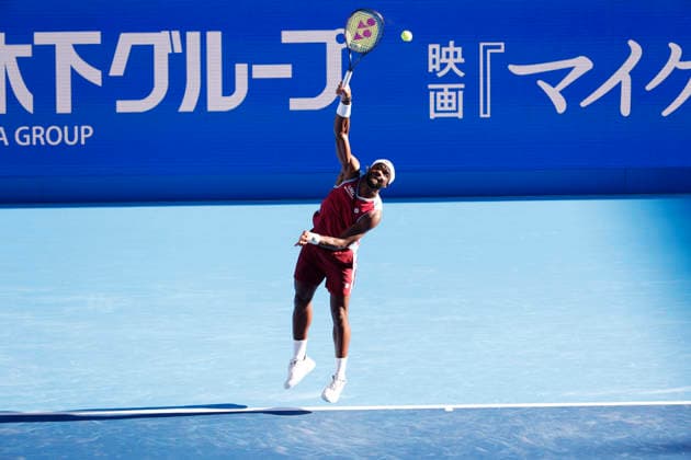 October 1, 2026, Tokyo, Japan: Frances Tiafoe (USA) serves against Kei Nishikori (Japan) during their Round of 32 match at the Kinoshita Group Japan Open Tennis Championships at Ariake Colosseum in Tokyo. The tournament runs from September 29 to October 6. Tiafoe won 6-4, 6-4. Tennis 2026: Frances Tiafoe Battles Kei Nishikori In Japan Open  - ZUMAm191 20261001_aap_m191_021 Copyright: xRodrigoxReyesxMarinx