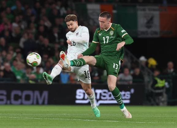 Ireland s Jack Moylan and Romano Schmid of Austria Republic of Ireland v Austria, UEFA Nations League, League B - Group 3, International Football, Aviva Stadium, Dublin, Ireland - 01 Oct 2026Dublin Aviva Stadium Ireland  Copyright: xLorrainexO Sullivan Shutterstockx 17178960z