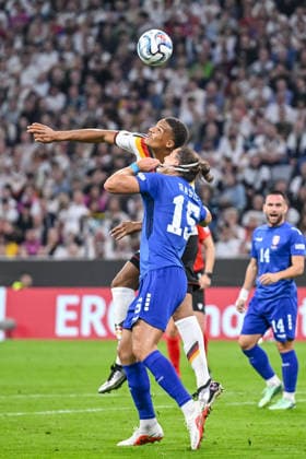 Malick Thiaw (Germany) and Srdan Babic (Serbia) battle for the ball during the UEFA Nations League 2026 27 group phase match between Germany and Serbia at Allianz Arena on October 1, 2026 in Munich, Germany. (Photo by Harry Langer DeFodi Images) -