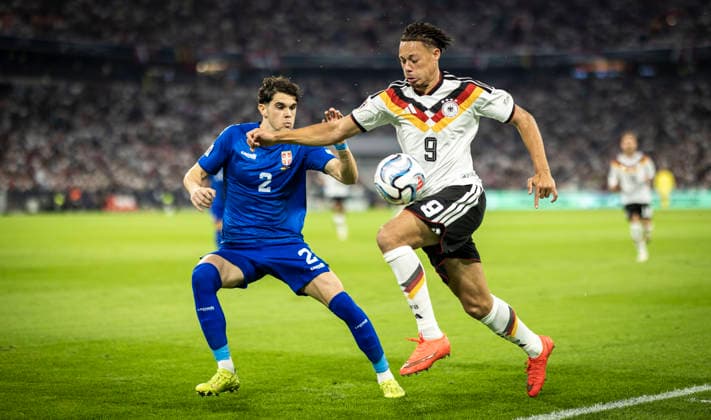 Munich Germany. 01st Oct 2026. Derry Scherhant (DFB) Kosta Nedeljkovic (SRB) Germany - Serbia Deutschland - Serbien 01.10.2026