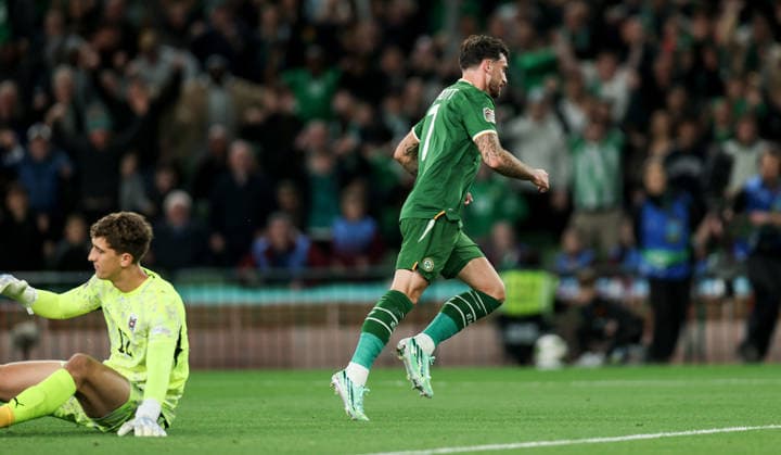 UEFA Nations League Group Stage, Aviva Stadium, Dublin 1 10 2026 Republic of Ireland vs Austria Ireland s Troy Parrott celebrates scoring his sides first goal past goalkeeper Florian Wiegele of Austria Troy Parrott celebrates scoring his sides first goal past goalkeeper Florian Wiegele 1 10 2026  Copyright: xx RDR_9622