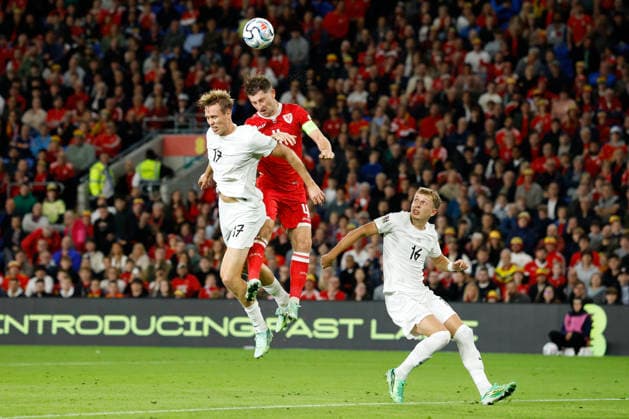 Cardiff, Wales, 1st October 2026. Ben Davies of Wales and Torbjorn Heggem of Norway during the Wales vs Norway UEFA Nations League match at the Cardiff City Stadium, Cardiff. Picture credit should read: Cody Froggatt Sportimage EDITORIAL USE ONLY. No use with unauthorised audio, video, data, fixture lists, club league logos or live services. Online in-match use limited to 120 images, no video emulation. No use in betting, games or single club league player publications. SPI_047_CF_WALES_NORWAY SPI-5050-0047