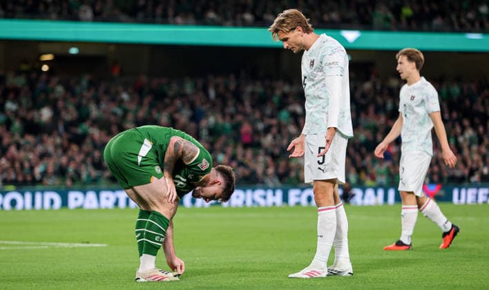 UEFA Nations League Group Stage, Aviva Stadium, Dublin 1 10 2026 Republic of Ireland vs Austria Ireland s Ryan Manning with Stefan Posch of Austria Ryan Manning with Stefan Posch 1 10 2026  Copyright: xx RB2_7163