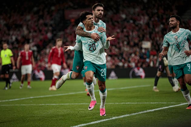 Ruben Neves and Joao Cancelo seen celebrating after scoring goal during UEFA Nations League Division A game between National Teams of Denmark and Portugal (Ernest Kolodziej Ball Raw Images) Copenhagen Parken Denmark Copyright: xErnestxKolodziejx ernestkolodziej_denmark_portugal_2627-5