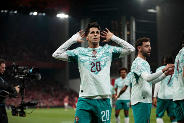 Joao Cancelo seen celebrating after scoring goal during UEFA Nations League Division A game between National Teams of Denmark and Portugal (Ernest Kolodziej Ball Raw Images) Copenhagen Parken Denmark Copyright: xErnestxKolodziejx ernestkolodziej_denmark_portugal_2627-18