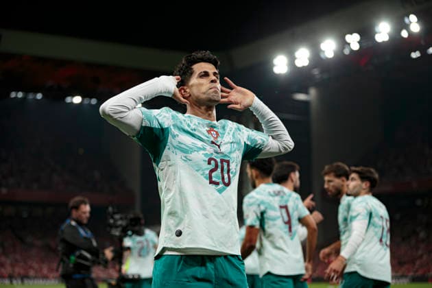 Joao Cancelo seen celebrating after scoring goal during UEFA Nations League Division A game between National Teams of Denmark and Portugal (Ernest Kolodziej Ball Raw Images) Copenhagen Parken Denmark Copyright: xErnestxKolodziejx ernestkolodziej_denmark_portugal_2627-24