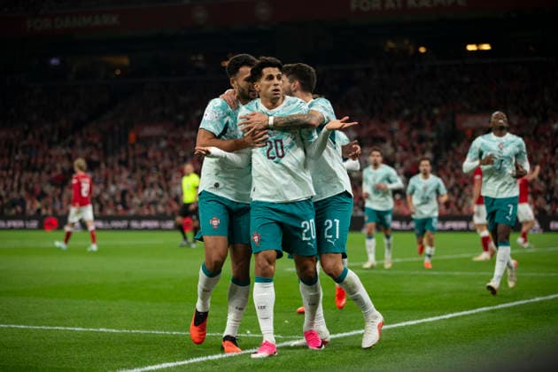 Ruben Neves and Joao Cancelo seen celebrating after scoring goal during UEFA Nations League Division A game between National Teams of Denmark and Portugal (Ernest Kolodziej Ball Raw Images) Copenhagen Parken Denmark Copyright: xErnestxKolodziejx ernestkolodziej_denmark_portugal_2627-10