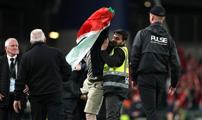 UEFA Nations League Group Stage, Aviva Stadium, Dublin 1 10 2026 Republic of Ireland vs Austria A pitch invader is removed by security as he unveils a Palestine flag A pitch invader is removed by security as he unveils a Palestine flag 1 10 2026  Copyright: xx NE1L5339