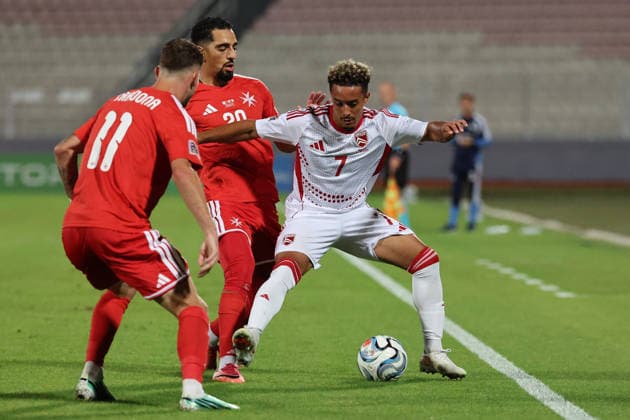 Carlos Richards (right) of Gibraltar is in action against Ilyas Chouaref of Malta during the the UEFA Nations League, League D, Group D1 match between Malta and Gibraltar at the National Stadium, in Ta Qali, Malta, on 01 October, 2026. UEFA Nations League, League D, Group D1 Qualifying; UEFA Nations League;