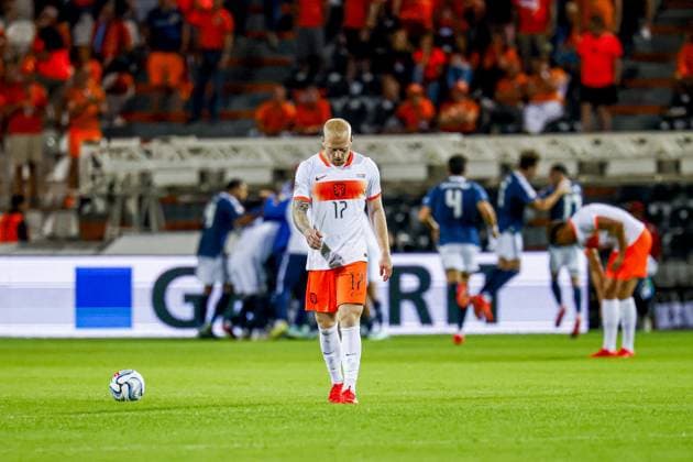 THESSALONIKI - Mexx Meerdink of the Netherlands reacts after the second goal conceded during the UEFA Nations League match between Greece and the Netherlands at the Toumba Stadium on October 1, 2026, in Thessaloniki, Greece. MARCEL TER BALS ANP UEFA Nations League 2026 27 xVIxANPxSportx xMarcelxterxBalsxIVx 571095817 originalFilename: 571095817.jpg