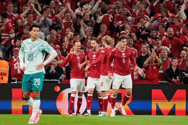 Players of Denmark seen celebrating after goal from Mikkel Damsgaard during UEFA Nations League Division A game between National Teams of Denmark and Portugal (Ernest Kolodziej Ball Raw Images) Copenhagen Parken Denmark Copyright: xErnestxKolodziejx ernestkolodziej_denmark_portugal_2627_2-4