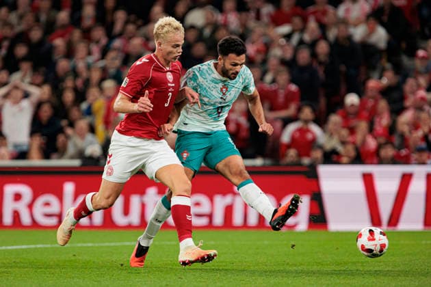 Oliver Provstgaard and Goncalo Ramos seen during UEFA Nations League Division A game between National Teams of Denmark and Portugal (Ernest Kolodziej Ball Raw Images) Copenhagen Parken Denmark Copyright: xErnestxKolodziejx ernestkolodziej_denmark_portugal_2627_2-5