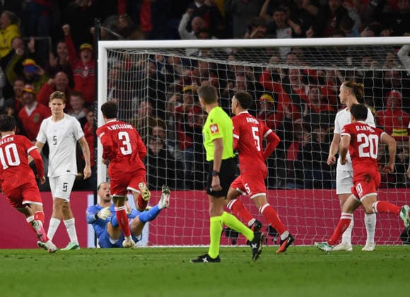 Cardiff, Wales, October 1st 2026 Neco Williams of Wales celebrates after scoring his her sides goal 2nd goal during the 2027 UEFA Nations league-league phase-Group A4 between Wales and Norway at Cardiff City stadium (Photo by Jeff Thomas Sports Press Photo) Copyright: xJeffxThomas SportsxPressxPhotox Sportspressphoto_SPR243454