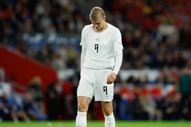 Cardiff, Wales, 1st October 2026. A dejected looking Erling Haaland of Norway reacts during the Wales vs Norway UEFA Nations League match at the Cardiff City Stadium, Cardiff. Picture credit should read: Cody Froggatt Sportimage EDITORIAL USE ONLY. No use with unauthorised audio, video, data, fixture lists, club league logos or live services. Online in-match use limited to 120 images, no video emulation. No use in betting, games or single club league player publications. SPI_085_CF_WALES_NORWAY SPI-5050-0085