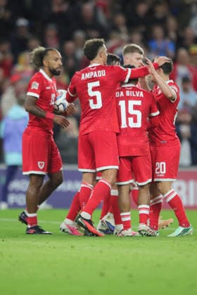 Wales v Norway, UEFA Nations League Daniel James of Wales celebrates scoring their first goal with team mates during the UEFA Nations League match between Wales and Norway at Millenium Stadium, Cardiff, UK on 1 October 2026. Cardiff Millenium Stadium Wales UK Editorial use only , Copyright: xAlunxRobertsx PSI-24949-0059