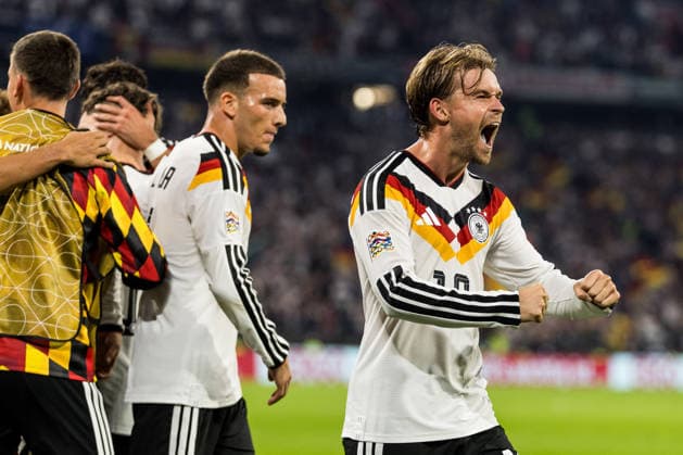 MUNICH, GERMANY - OCTOBER 01: Maximilian Mittelstaedt (Mittelstädt, Germany, 18) cheers to celebrate the 2:0 goal scored by Florian Wirtz (Germany, 17) during the UEFA Nations League match between Germany vs. Serbia at Allianz Arena on matchday 3 of the UEFA Nations League on October 01, 2026 in Munich, Germany. Bavaria Germany Copyright: xSteffiexWunderlx