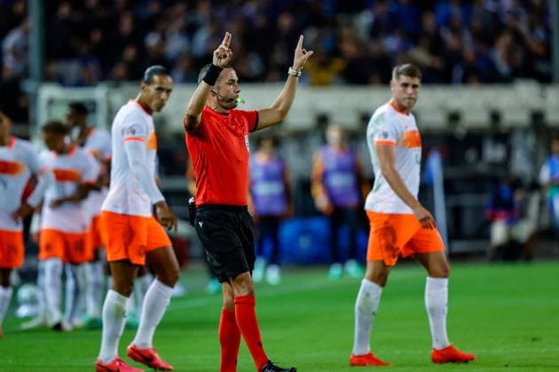 THESSALONIKI , 01-10-2026 , Toumba Stadium , season 2026 2027 , UEFA Nations League football , match between Greece and The Netherlands. picture shows var check Referee Marco Guida no goal Greece - Netherlands  x207790579x Copyright: