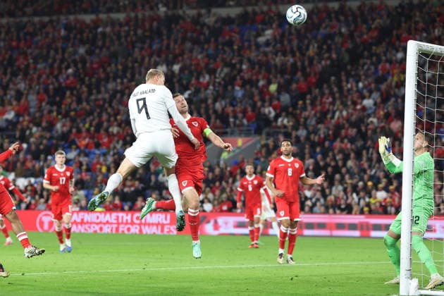 Wales v Norway UEFA Nations League 01 October 2026 Cardiff - UEFA Nations League Wales v Norway - Erling Haaland of Norway heads the ball over the Welsh crossbar - (Photo by Charlotte Wilson). Cardiff UK Copyright: xCharlottexWilsonxOffside