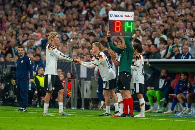 Fußball, Herren, Saison 2026 27, UEFA Nations League (Liga A, Gruppe 2, 3. Spieltag) in München, Deutschland - Serbien, v. l. Nick Woltemade (Deutschland), Jonathan Burkardt (Deutschland), Bambase Conte (Deutschland), Mika Baur (Deutschland), 01.10.2026, Copyright: xMatthiasxKochx