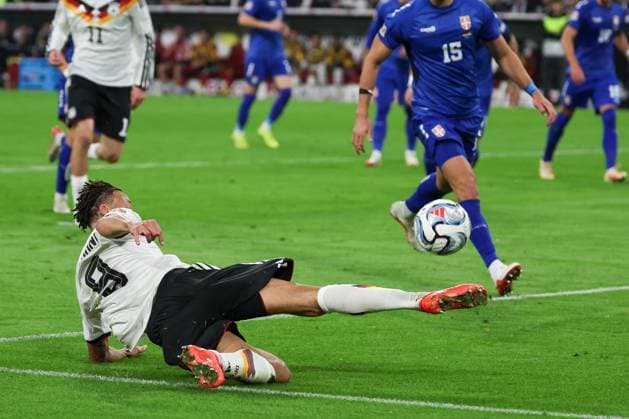 Derry Scherhant 9 (Deutschland) in Aktion, Deutschland vs. Serbien, Fussball, DFL, DFB, UEFA Nations League, Saison 2026 2027, Gruppenphase, Gruppe B, Spieltag 3 von 6, 01.10.2026 Muenchen Bayern Deutschland