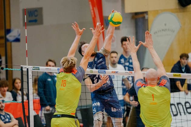 VOLLEYBALL - Coppa Pallavolo Senza Confini HARTBERG,AUSTRIA,01.OCT.26 - VOLLEYBALL - Coppa Pallavolo Senza Confini, TSV Hartberg vs Verona Volley. Image shows Lukas Glatz (Verona), Clemens Ecker (Hartberg) and Aiden Zingel (Verona).  GEPAxpictures xRomanxKoenigshofer