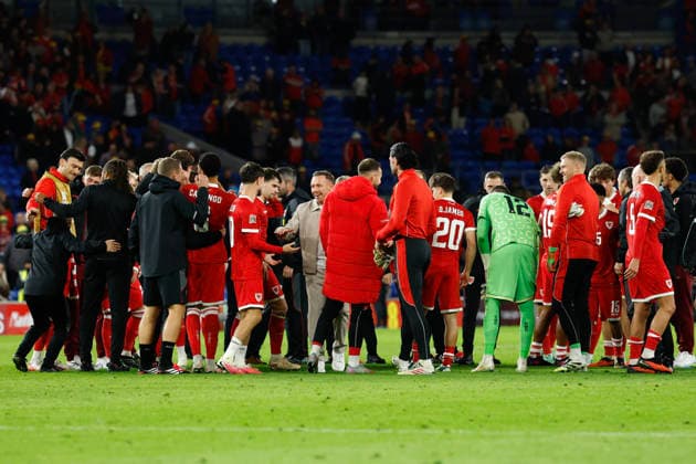 Cardiff, Wales, 1st October 2026. The players of Wales huddle at full time to celebrate victory against Norway during the Wales vs Norway UEFA Nations League match at the Cardiff City Stadium, Cardiff. Picture credit should read: Cody Froggatt Sportimage EDITORIAL USE ONLY. No use with unauthorised audio, video, data, fixture lists, club league logos or live services. Online in-match use limited to 120 images, no video emulation. No use in betting, games or single club league player publications. SPI_148_CF_WALES_NORWAY SPI-5050-0148