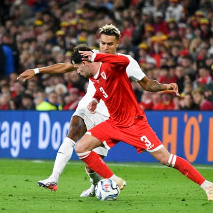 Football - 2026 2027 UEFA Nations League - League A, Group Four: Wales vs. Norway - Cardiff City Stadium - Thursday 1st October 2026 Antonio Nusa NORWAY & Neco Williams WALES colorsport winston bynorth 
