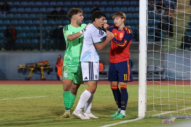 San Marino v Spain - UEFA European Championship, EM, Europameisterschaft Qualifying - Season 2026-2027 1st October 2026, Serravalle, San Marino, San Marino v Spain UEFA European Championship 2027 Qualifying match, Season 2026-2027. Pietro Amici of San Marino steps in as Jesus Rodriguez of Spain clashes with Bartolomeo Riggioni of San Marino during the match. Picture credit should read: Jonathan Moscrop Serravalle San Marino Stadium San Marino