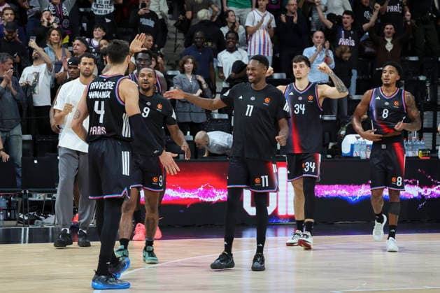 BASKET BALL : Paris Basket Vs Zalgiris Kaunas - Euroligue - 01 10 2026 Leopold Cavaliere (Paris) - Tyson Etienne (Paris) - Joel Ayayi (Paris) - Daulkton Hommes (Paris) - Jared Rhoden (Paris) ParisFrance  Copyright: xMichaelxBaucherx