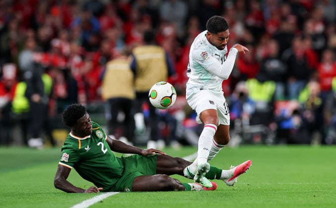 UEFA Nations League Group Stage, Aviva Stadium, Dublin 1 10 2026 Republic of Ireland vs Austria Ireland s James Abankwah with Phillipp Mwene of Austria James Abankwah with Phillipp Mwene 1 10 2026  Copyright: xx RB1_0531