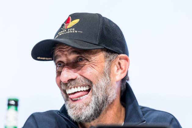 MUNICH, GERMANY - OCTOBER 01: Juergen Klopp (Head Coach Germany) laughing during the post game press conference, PK, Pressekonferenz after the UEFA Nations League match between Germany vs. Serbia at Allianz Arena on matchday 3 of the UEFA Nations League on October 01, 2026 in Munich, Germany. Bavaria Germany Copyright: xSteffiexWunderlx