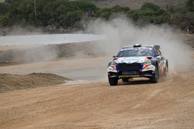 FIA WRC, Motorsport Rallye, WM 2026: Rally Italia Sardegna - Day 1 Giovanni Trentin (ITA) and Pietro Elia Ometto (ITA) on a Skoda Fabia RS Rally2 in action during the FIA WRC RALY ITALIA SARDEGNA in Alghero, Italy on 1-4 October, 2026. Algero Sardinia Italy  Copyright: xFedericoxManonix originalFilename:manoni-rallyita261001_np1I7.jpg
