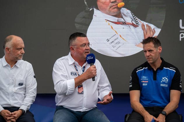 FIA WRC, Motorsport Rallye, WM 2026: Rally Italia Sardegna - Day 1 Jim Baumbick,Mark Rushbook, Richard Millener, during the presentation the FIA WRC RALY ITALIA SARDEGNA in Alghero, Italy on 1-4 October, 2026. Algero Sardinia Italy  Copyright: xFedericoxManonix originalFilename:manoni-rallyita261001_npCwN.jpg