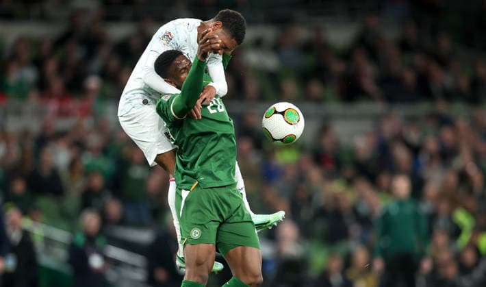 UEFA Nations League Group Stage, Aviva Stadium, Dublin 1 10 2026 Republic of Ireland vs Austria Ireland s Chiedozie Ogbene and Phillipp Mwene of Austria Chiedozie Ogbene and Phillipp Mwene 1 10 2026  Copyright: xx NE1L7253
