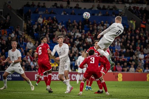 RECORD DATE NOT STATED 1st October 2026; Cardiff City Stadium, Cardiff, Wales; UEFA Nations League Football, Wales versus Norway; Erling Haaland of Norway heads towards goal GodfreyxPitt