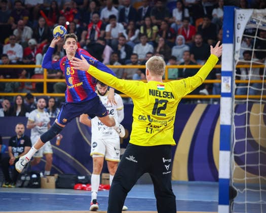 Barcelona v Veszprem - Final IHF Men Handball Club World Championship, WM, Weltmeisterschaft 2026 Ian Barrufet 83 and Emil Nielsen 12 during the final match between Barcelona vs Veszprem in the IHF Men s Handball Club World Championship - Egypt 2026 at New Administrative Capital Hall Cairo Cairo Egypt Copyright: xMohamedxTageldinx
