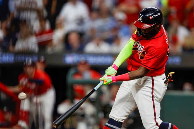 Atlanta Braves center fielder Michael Harris II (23) hits a home run in the second inning against the Philadelphia Phillies in Game 3 of the National League Wildcard Series at Truist Park on Thursday, October 1, 2026 in Atlanta, Georgia.  ATL20261001101 MikexZarrilli
