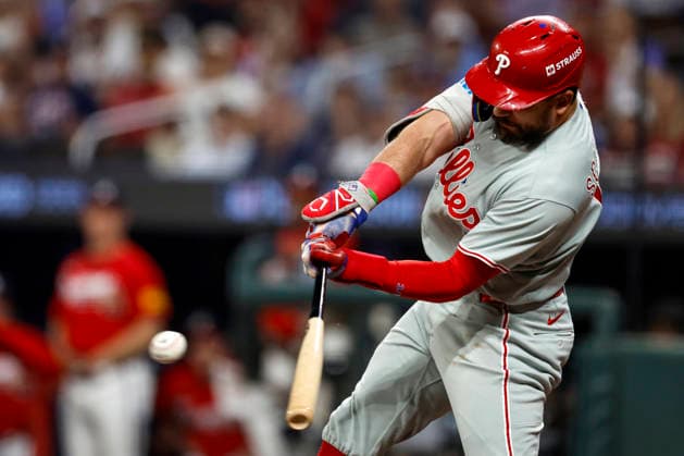 Philadelphia Phillies designated hitter Kyle Schwarber (12) singles on a line drive to left field in the first inning against the Atlanta Braves in Game 3 of the National League Wildcard Series at Truist Park on Thursday, October 1, 2026 in Atlanta, Georgia.  ATL20261001102 MikexZarrilli