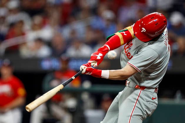 Philadelphia Phillies right fielder Bryce Harper (3) strikes out swinging in the first inning against the Atlanta Braves in Game 3 of the National League Wildcard Series at Truist Park on Thursday, October 1, 2026 in Atlanta, Georgia.  ATL20261001108 MikexZarrilli