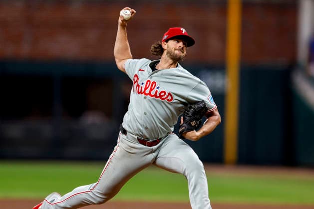 Philadelphia Phillies pitcher Aaron Nola (27) pitches in the first inning against the Atlanta Braves in Game 3 of the National League Wildcard Series at Truist Park on Thursday, October 1, 2026 in Atlanta, Georgia.  ATL20261001110 MikexZarrilli