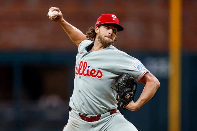 Philadelphia Phillies pitcher Aaron Nola (27) pitches in the first inning against the Atlanta Braves in Game 3 of the National League Wildcard Series at Truist Park on Thursday, October 1, 2026 in Atlanta, Georgia.  ATL20261001110a MikexZarrilli