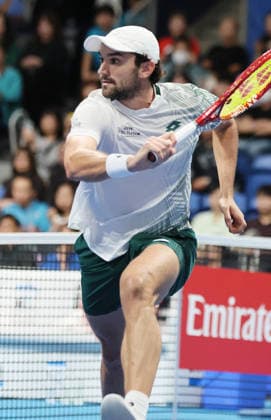 October 1, 2026, Tokyo, Japan - Valentin Vacherot of Monaco dashes to return the ball against Stefanos Tsitsipas of Greece during the second round match of the Japan Open tennis championship at the Ariake Colosseum in Tokyo on Friday, October 2, 2026. (photo by Yoshio Tsunoda AFLO) Noxthirdxpartyxsales  0868395892st YoshioxTsunodax