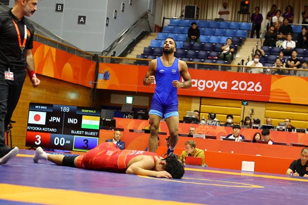 Asian Games 2026 Aichi-Nagoya, Japan Wrestling MFS 65 Kg Semifinals India™s Sujeet Vs Japan™s Olympic Gold Medalist KIYOOKA Katora Sujeet won by 3-3 and entered finals. VPOI 3-1 with points - with Point (s) scored by the opponent. Aichi, Nagoya Japan Copyright: xSeshadrixSukumarx