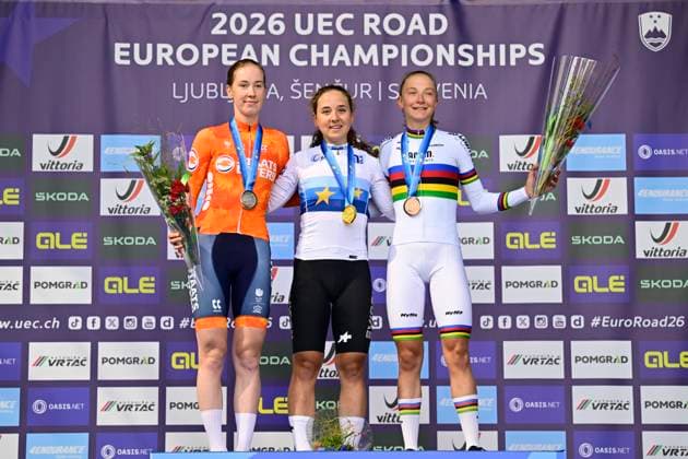 UEC 2026 Road European Championships Ljubljana 02 10 2026 SENCUR, SLOVENIA - OCTOBER 02 : Vinke Nienke (NED), Winter Mara (SUI) and Chladonova Viktoria (SVK) pictured during the podium ceremony of the Women U23 cycling road race at the 2026 UEC Road European Championships. An UCI Continental Championships cycling race of 88,4 km with start and finsih in Sencur on October 2, 2026 in Sencur, Slovenia, 02 10 2026 Sencur Slovenia  Copyright: xJanxDexMeuleneirx