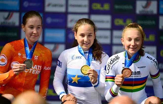 UEC 2026 Road European Championships Ljubljana 02 10 2026 SENCUR, SLOVENIA - OCTOBER 02 : Vinke Nienke (NED), Winter Mara (SUI) and Chladonova Viktoria (SVK) pictured during the podium ceremony of the Women U23 cycling road race at the 2026 UEC Road European Championships. An UCI Continental Championships cycling race of 88,4 km with start and finsih in Sencur on October 2, 2026 in Sencur, Slovenia, 02 10 2026 Sencur Slovenia  Copyright: xJanxDexMeuleneirx