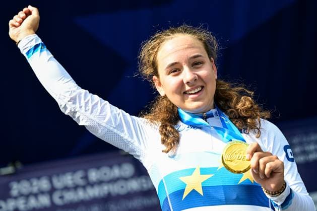 Swiss Mara Winter celebrates on the podium after winning the Women U23 Road Race race (88,4km) at the cycling UEC Road European Championships, in Ljubljana, Slovenia Friday 2 October 2026. The UEC Road European Championships are taking place from 02 to 07 October in Ljubljana, Slovenia. JASPER JACOBS DAVIDxPINTENS  x188522304x