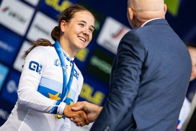 Swiss Mara Winter celebrates on the podium after winning the Women U23 Road Race race (88,4km) at the cycling UEC Road European Championships, in Ljubljana, Slovenia Friday 2 October 2026. The UEC Road European Championships are taking place from 02 to 07 October in Ljubljana, Slovenia. JASPER JACOBS DAVIDxPINTENS  x188522228x