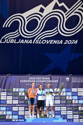 Dutch Nienke Vinke, Swiss Mara Winter, Slovenian Viktoria Chladonova pictured on the podium after the Women U23 Road Race race (88,4km) at the cycling UEC Road European Championships, in Ljubljana, Slovenia Friday 2 October 2026. The UEC Road European Championships are taking place from 02 to 07 October in Ljubljana, Slovenia. JASPER JACOBS DAVIDxPINTENS  x188522244x