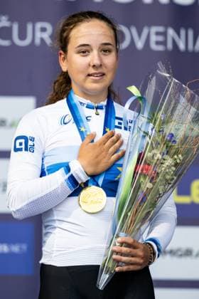 Swiss Mara Winter celebrates on the podium after winning the Women U23 Road Race race (88,4km) at the cycling UEC Road European Championships, in Ljubljana, Slovenia Friday 2 October 2026. The UEC Road European Championships are taking place from 02 to 07 October in Ljubljana, Slovenia. JASPER JACOBS DAVIDxPINTENS  x188522286x